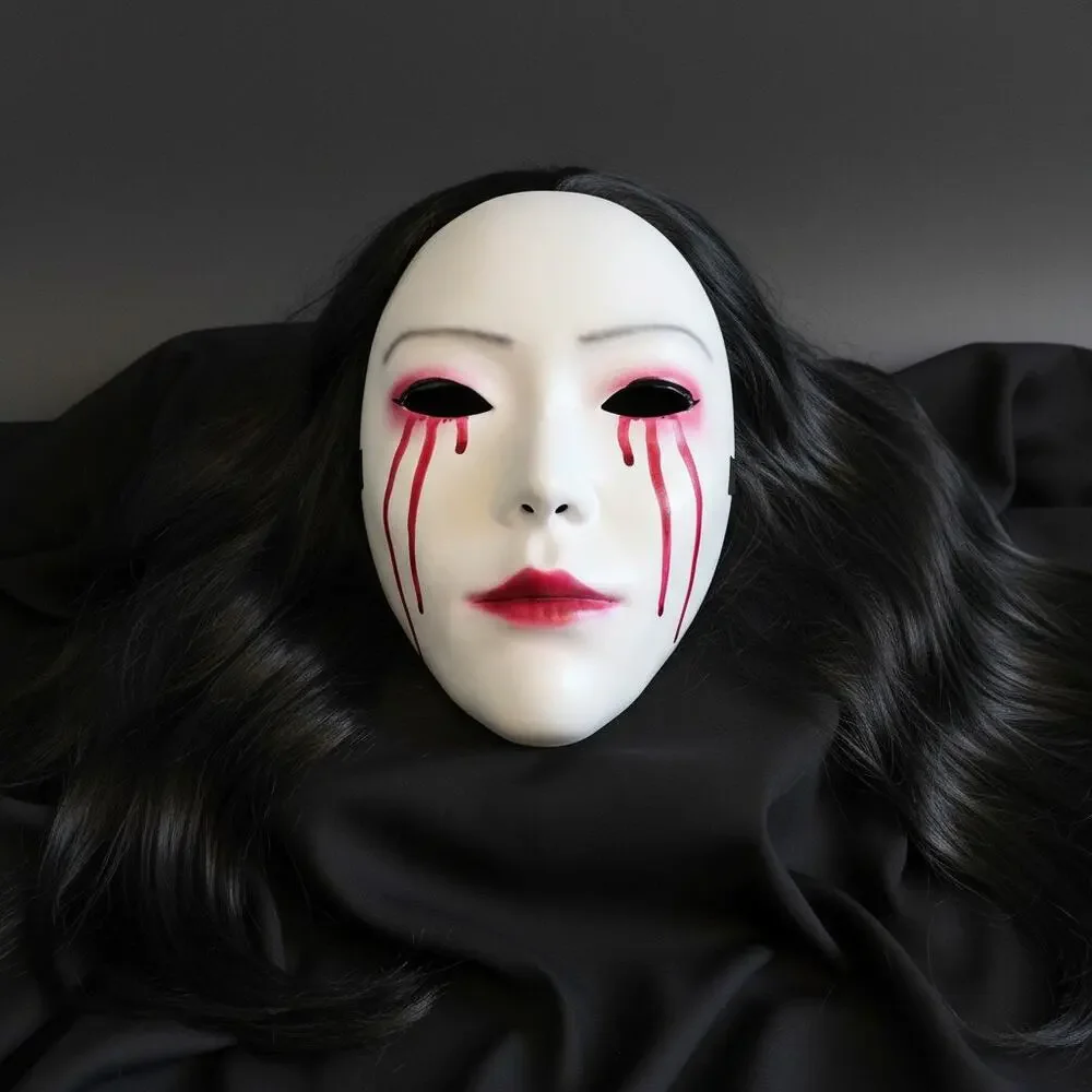 Horror Geisha Mask White Bloody Tears-Japanese Style-Halloween Cosplay Costume